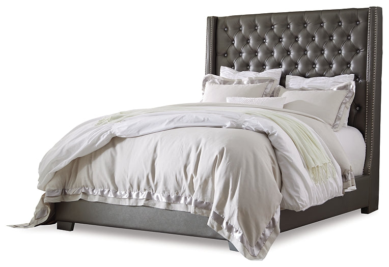 Coralayne California King Upholstered Bed with Mirrored Dresser, Chest and 2 Nightstands at Walker Mattress and Furniture Locations in Cedar Park and Belton TX.