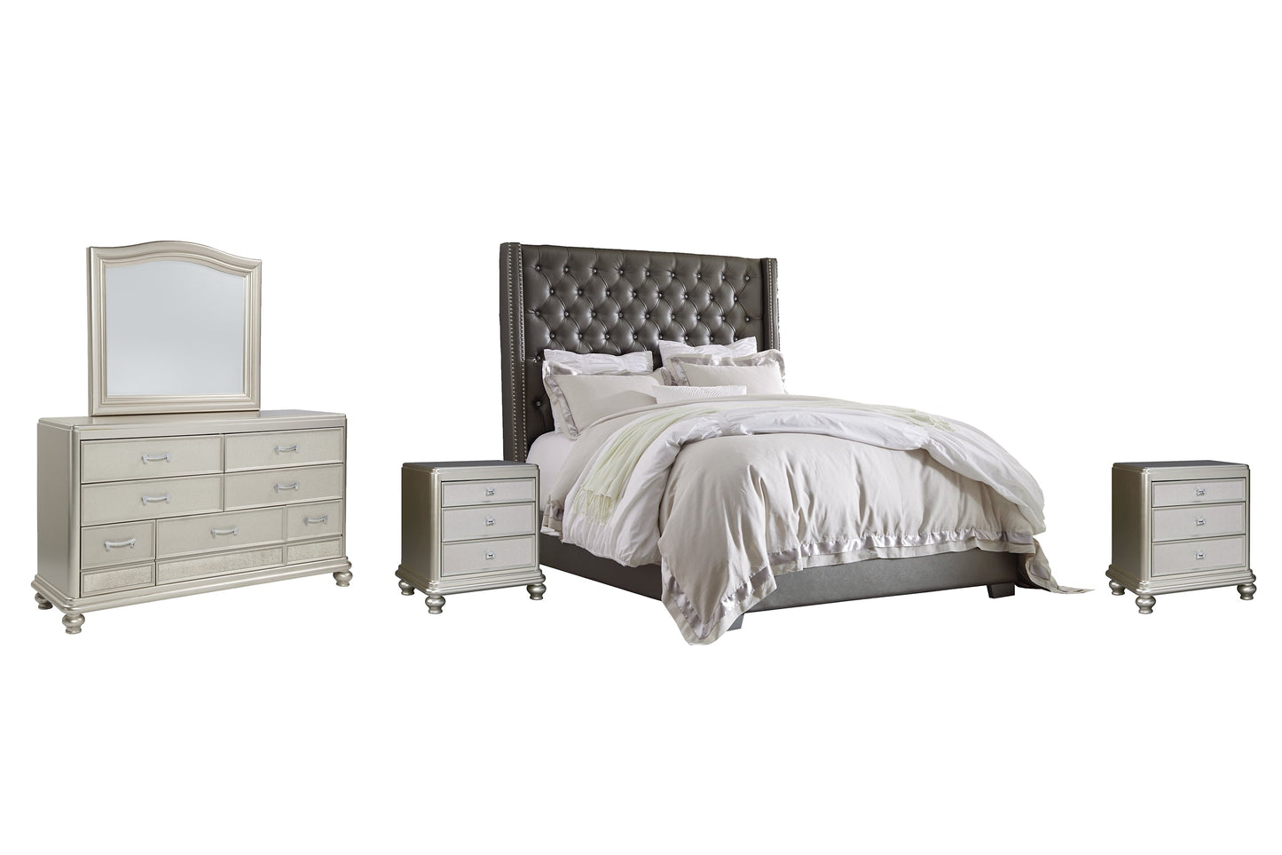Coralayne California King Upholstered Bed with Mirrored Dresser and 2 Nightstands at Walker Mattress and Furniture Locations in Cedar Park and Belton TX.