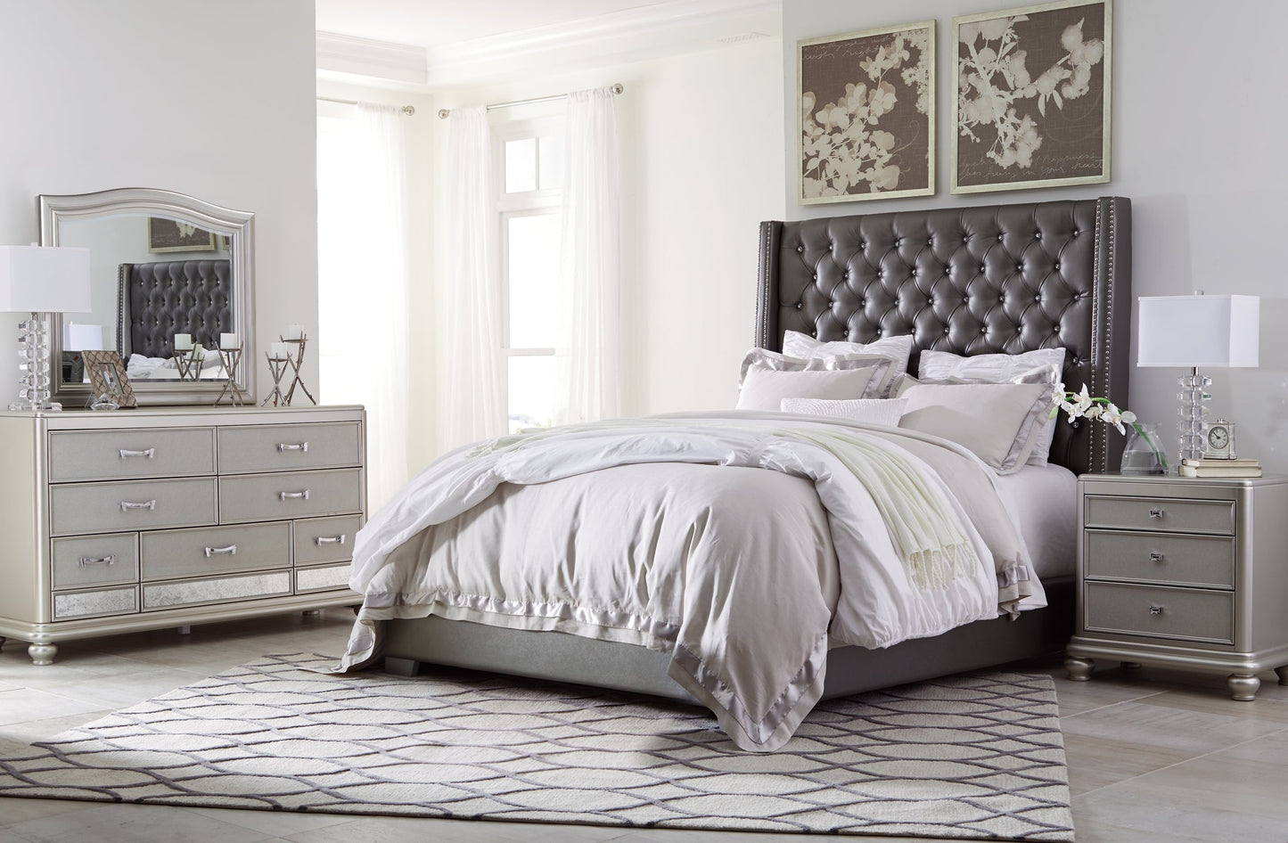 Coralayne California King Upholstered Bed with Mirrored Dresser and Chest at Walker Mattress and Furniture Locations in Cedar Park and Belton TX.