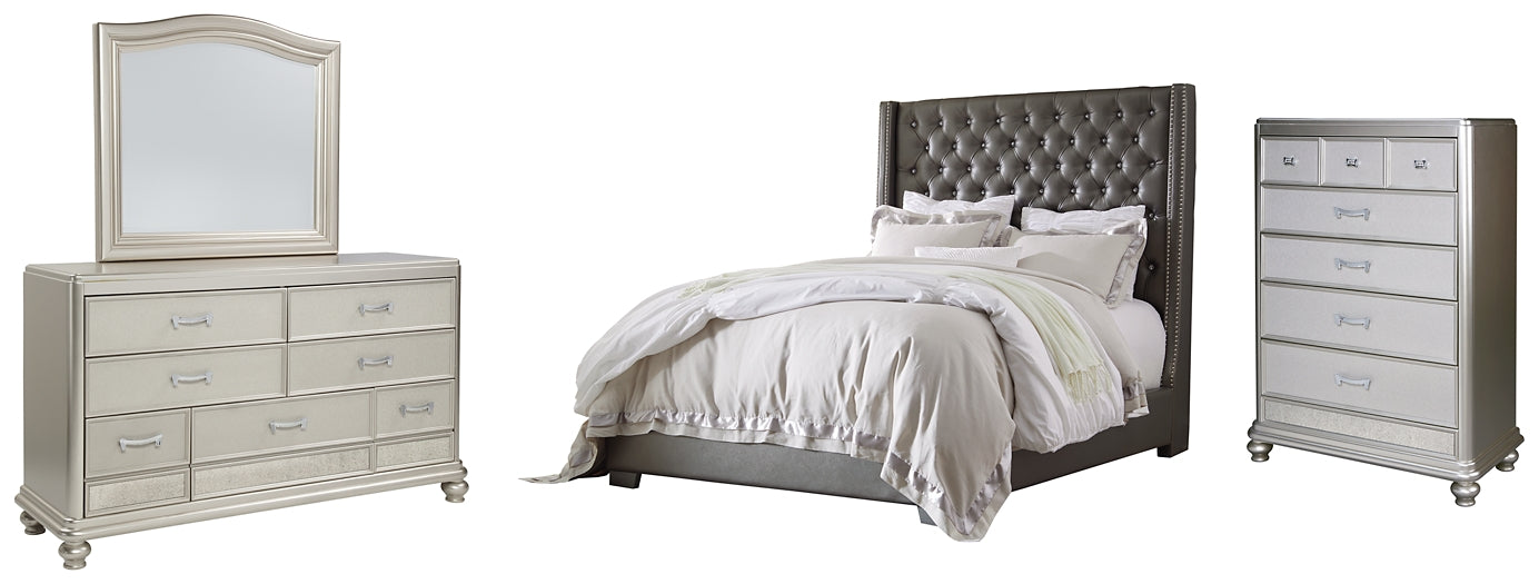 Coralayne California King Upholstered Bed with Mirrored Dresser and Chest at Walker Mattress and Furniture Locations in Cedar Park and Belton TX.