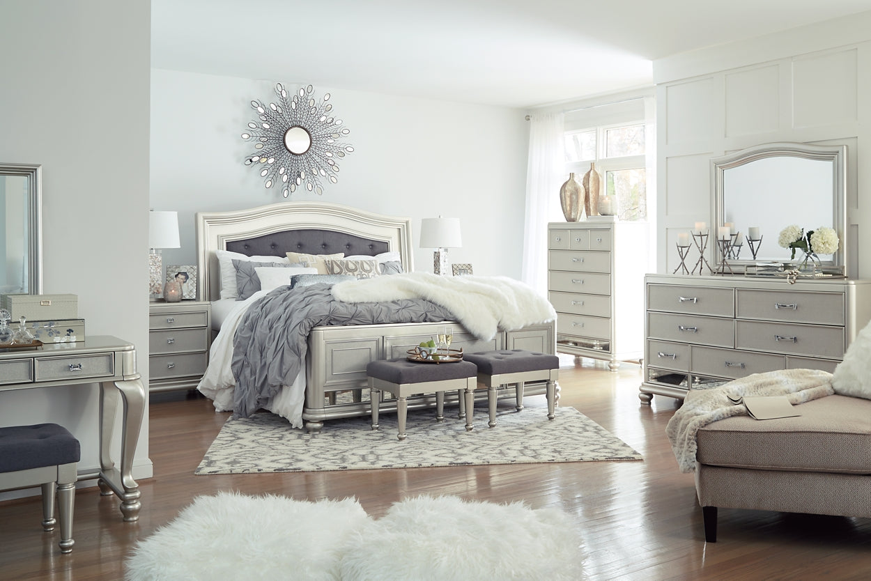 Coralayne California King Upholstered Sleigh Bed with Mirrored Dresser, Chest and 2 Nightstands at Walker Mattress and Furniture Locations in Cedar Park and Belton TX.
