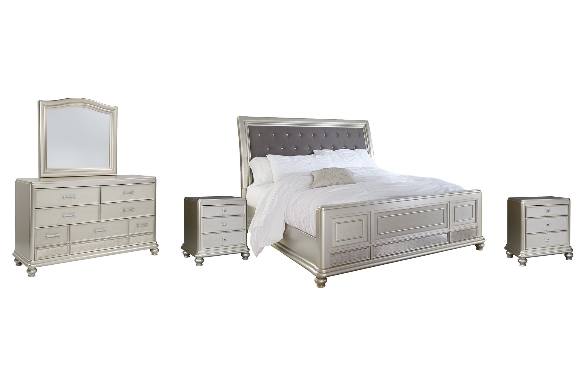 Coralayne California King Upholstered Sleigh Bed with Mirrored Dresser and 2 Nightstands at Walker Mattress and Furniture Locations in Cedar Park and Belton TX.