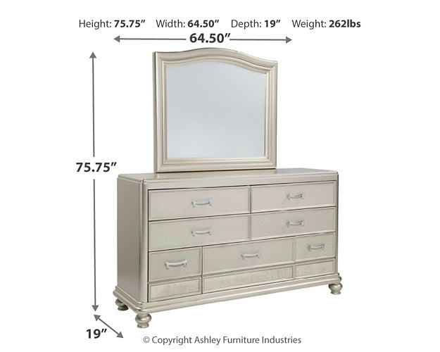 Coralayne California King Upholstered Sleigh Bed with Mirrored Dresser at Walker Mattress and Furniture Locations in Cedar Park and Belton TX.