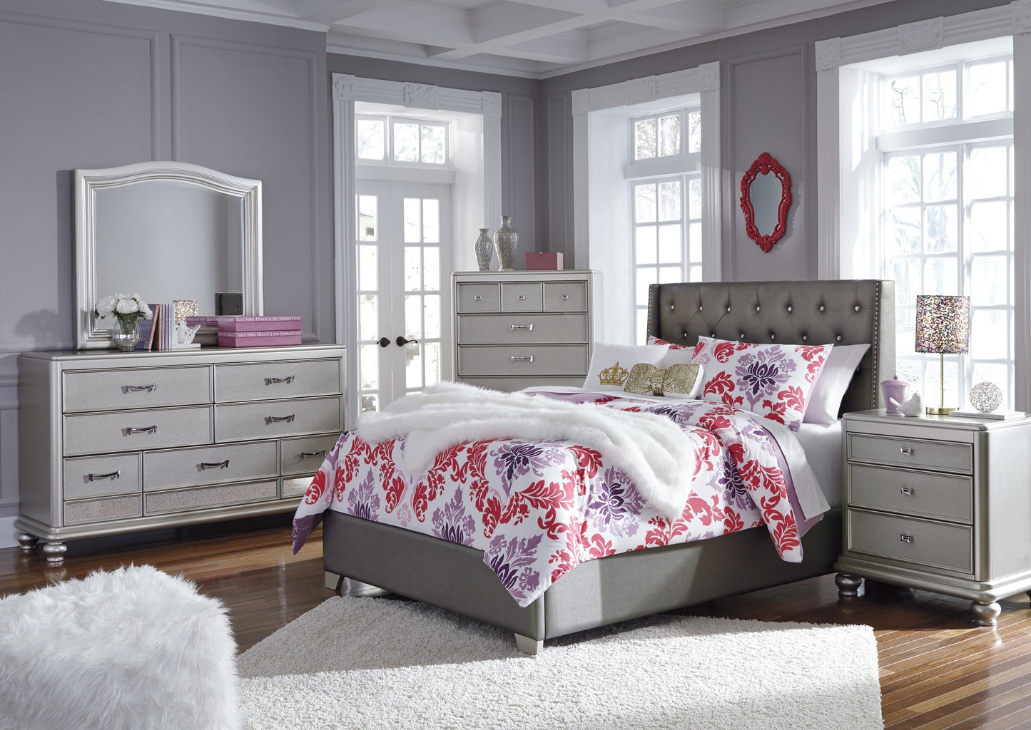 Coralayne Full Upholstered Bed with Mirrored Dresser and 2 Nightstands at Walker Mattress and Furniture Locations in Cedar Park and Belton TX.