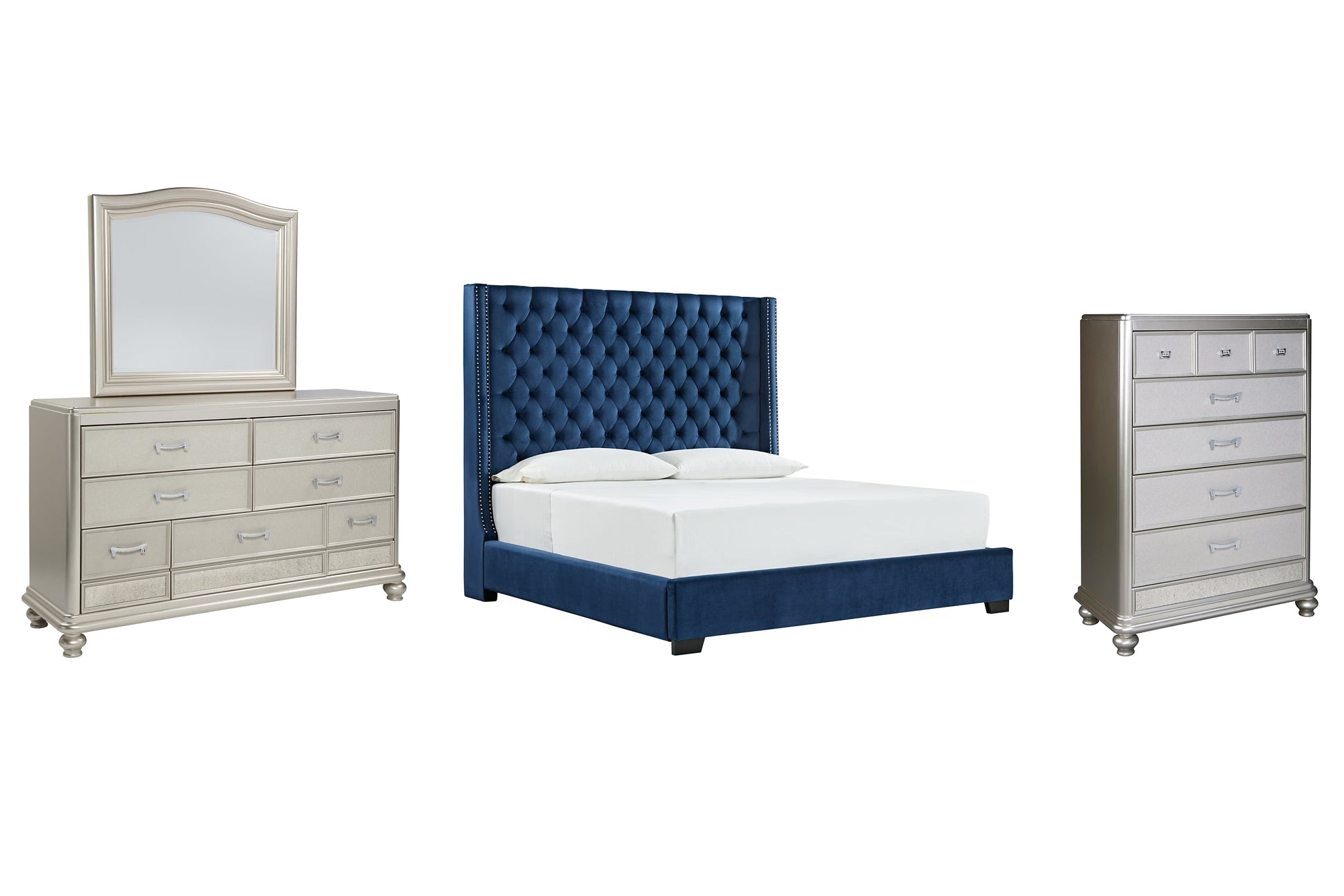 Coralayne King Upholstered Bed with Mirrored Dresser and Chest at Walker Mattress and Furniture Locations in Cedar Park and Belton TX.