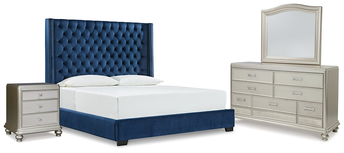 Coralayne King Upholstered Bed with Mirrored Dresser and Nightstand at Walker Mattress and Furniture Locations in Cedar Park and Belton TX.