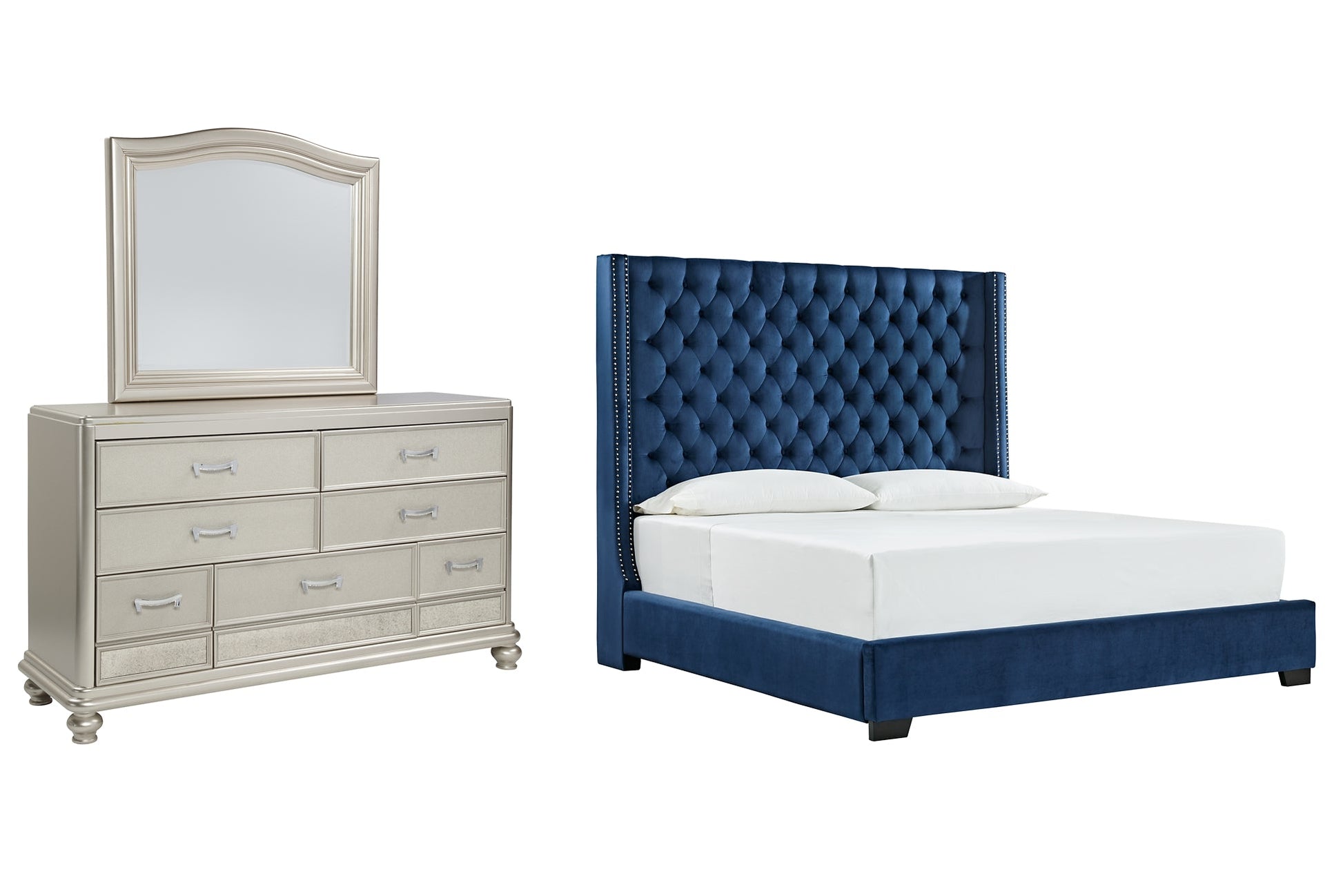 Coralayne King Upholstered Bed with Mirrored Dresser at Walker Mattress and Furniture Locations in Cedar Park and Belton TX.