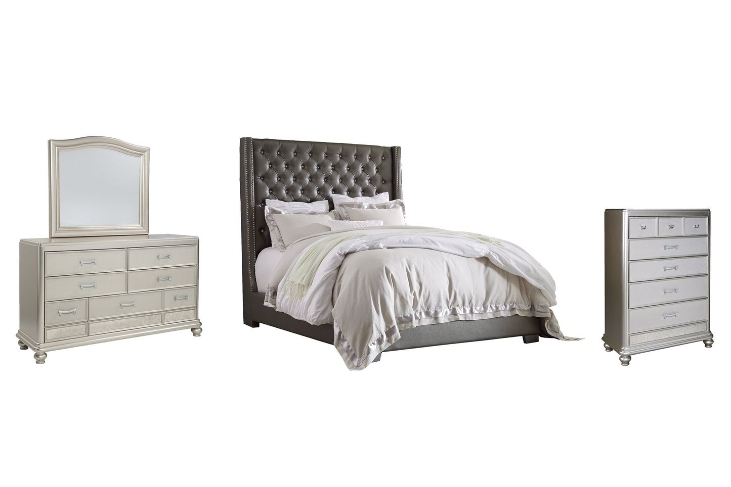 Coralayne Queen Upholstered Bed with Mirrored Dresser and Chest at Walker Mattress and Furniture Locations in Cedar Park and Belton TX.