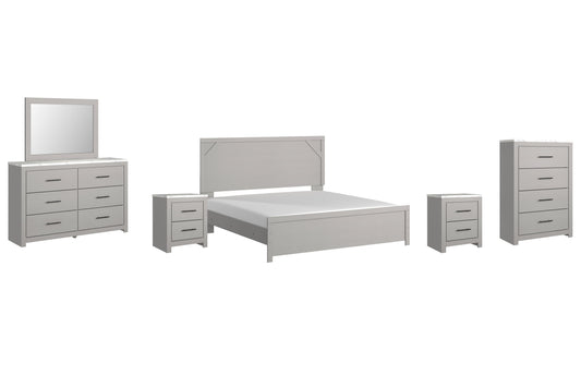 Cottonburg King Panel Bed with Mirrored Dresser, Chest and 2 Nightstands at Walker Mattress and Furniture Locations in Cedar Park and Belton TX.
