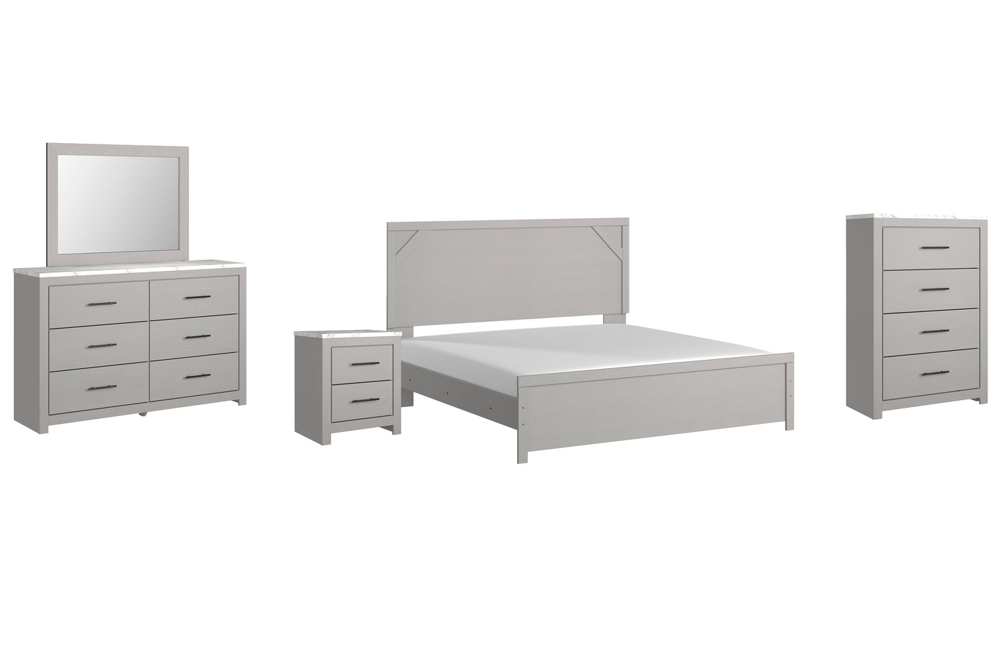 Cottonburg King Panel Bed with Mirrored Dresser, Chest and Nightstand at Walker Mattress and Furniture Locations in Cedar Park and Belton TX.