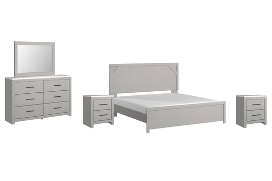 Cottonburg King Panel Bed with Mirrored Dresser and 2 Nightstands at Walker Mattress and Furniture Locations in Cedar Park and Belton TX.