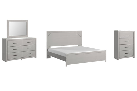 Cottonburg King Panel Bed with Mirrored Dresser and Chest at Walker Mattress and Furniture Locations in Cedar Park and Belton TX.