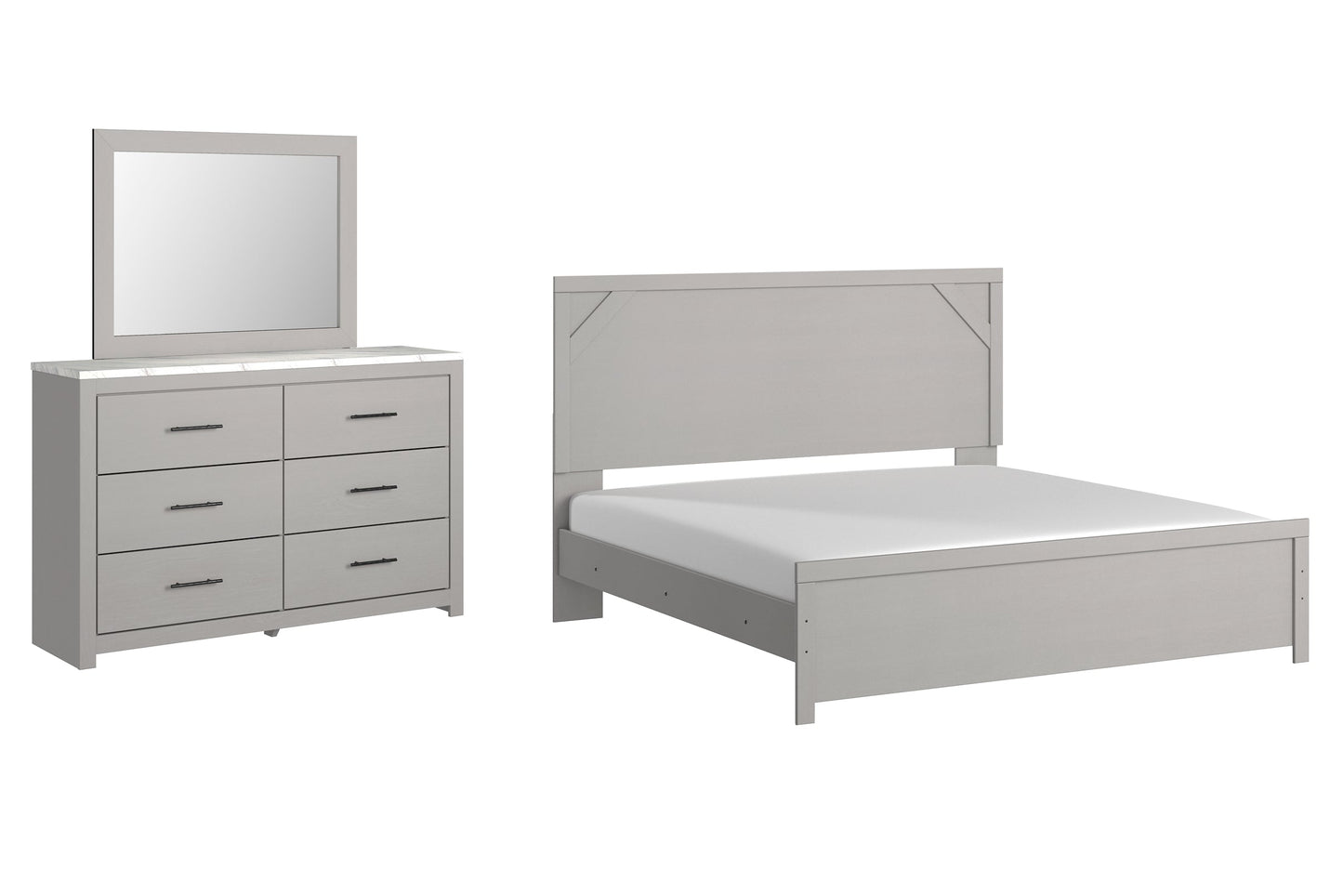 Cottonburg King Panel Bed with Mirrored Dresser at Walker Mattress and Furniture Locations in Cedar Park and Belton TX.