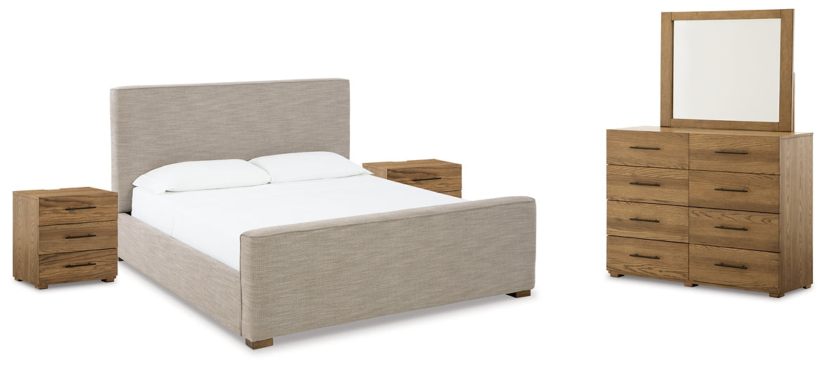Dakmore California King Upholstered Bed with Mirrored Dresser and 2 Nightstands at Walker Mattress and Furniture Locations in Cedar Park and Belton TX.
