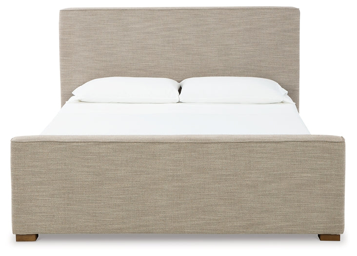 Dakmore King Upholstered Bed with Mirrored Dresser, Chest and Nightstand at Walker Mattress and Furniture Locations in Cedar Park and Belton TX.