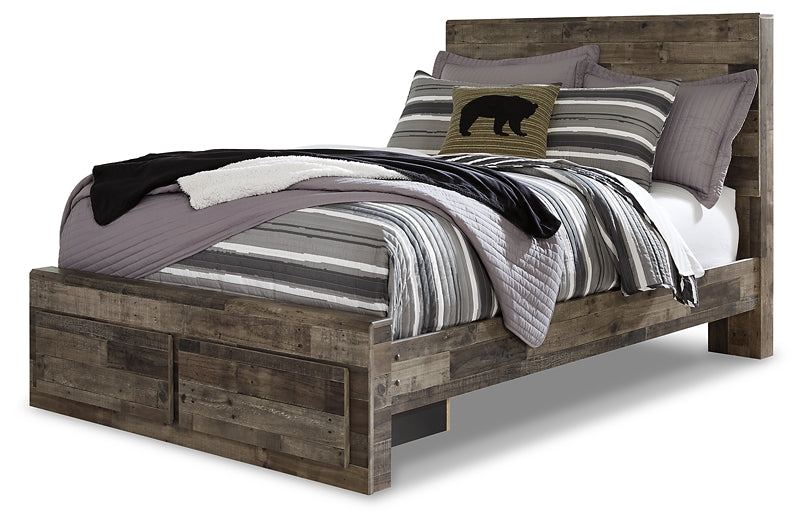 Derekson Full Panel Bed with 2 Storage Drawers with Mirrored Dresser, Chest and 2 Nightstands at Walker Mattress and Furniture Locations in Cedar Park and Belton TX.