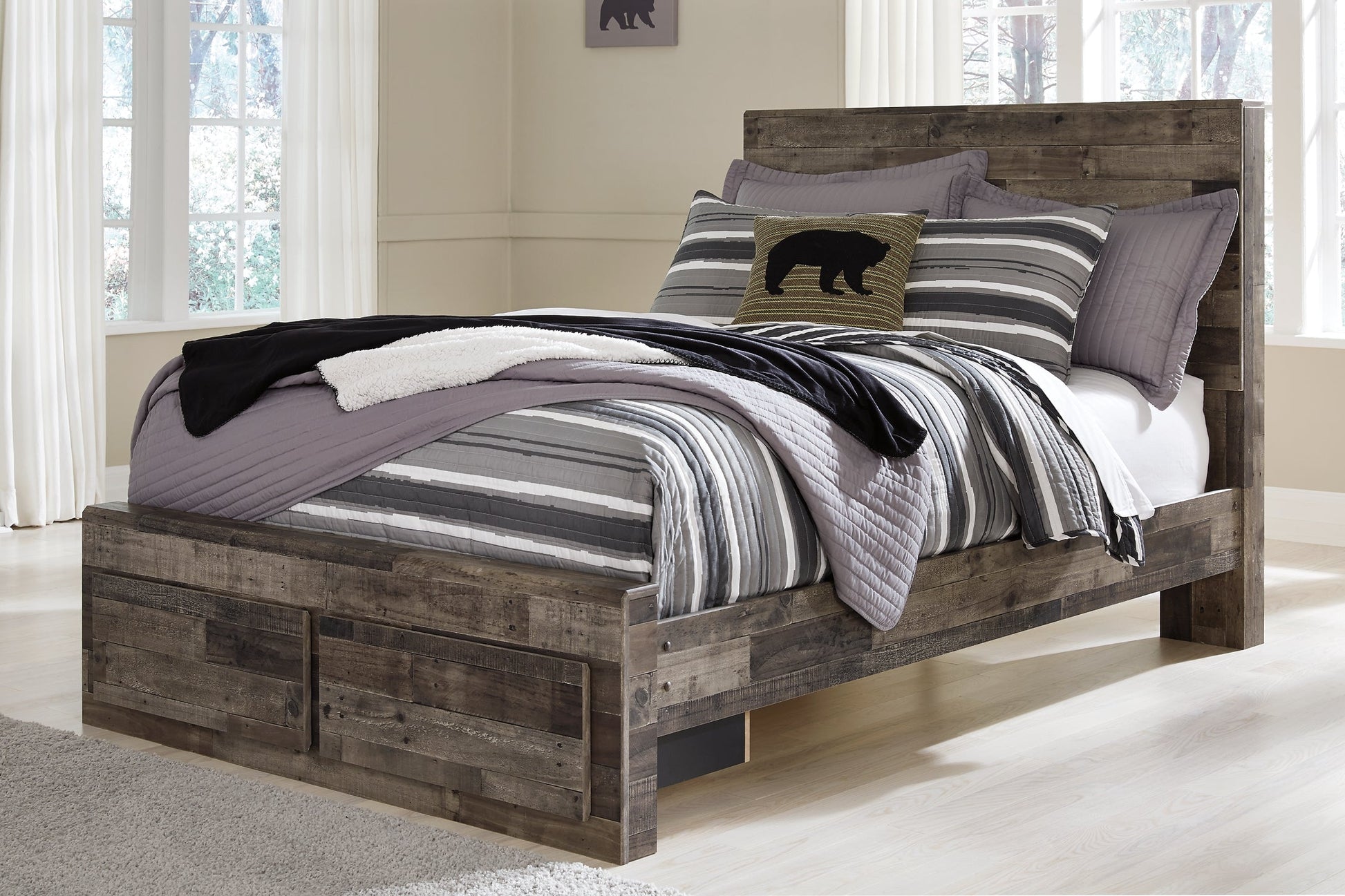 Derekson Full Panel Bed with 2 Storage Drawers with Mirrored Dresser, Chest and 2 Nightstands at Walker Mattress and Furniture Locations in Cedar Park and Belton TX.
