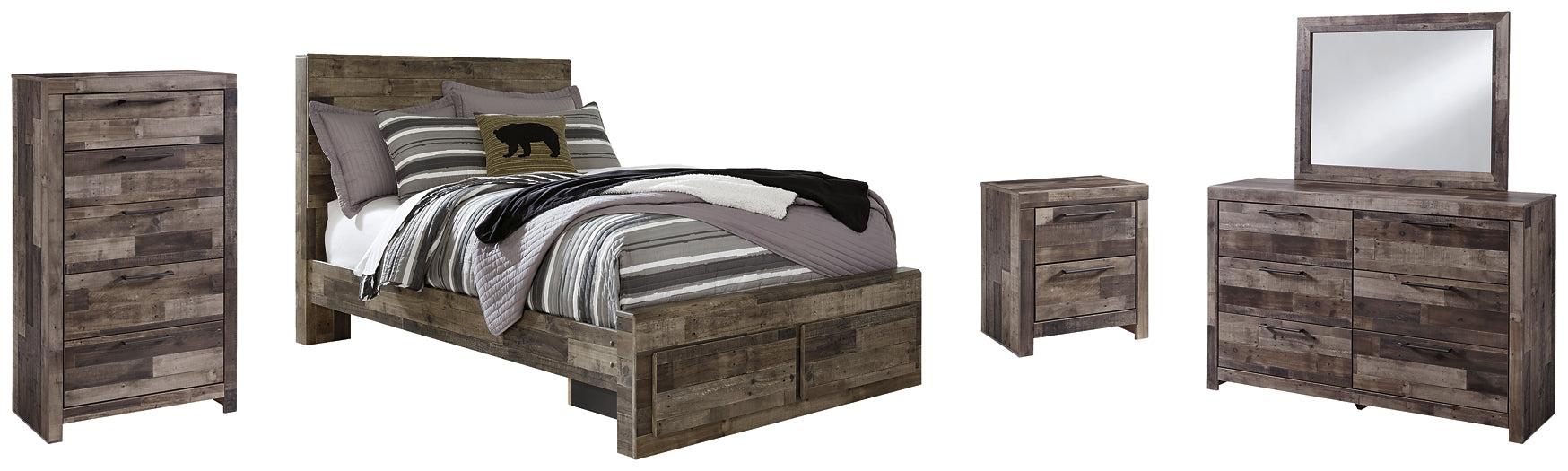 Derekson Full Panel Bed with 2 Storage Drawers with Mirrored Dresser, Chest and Nightstand at Walker Mattress and Furniture Locations in Cedar Park and Belton TX.