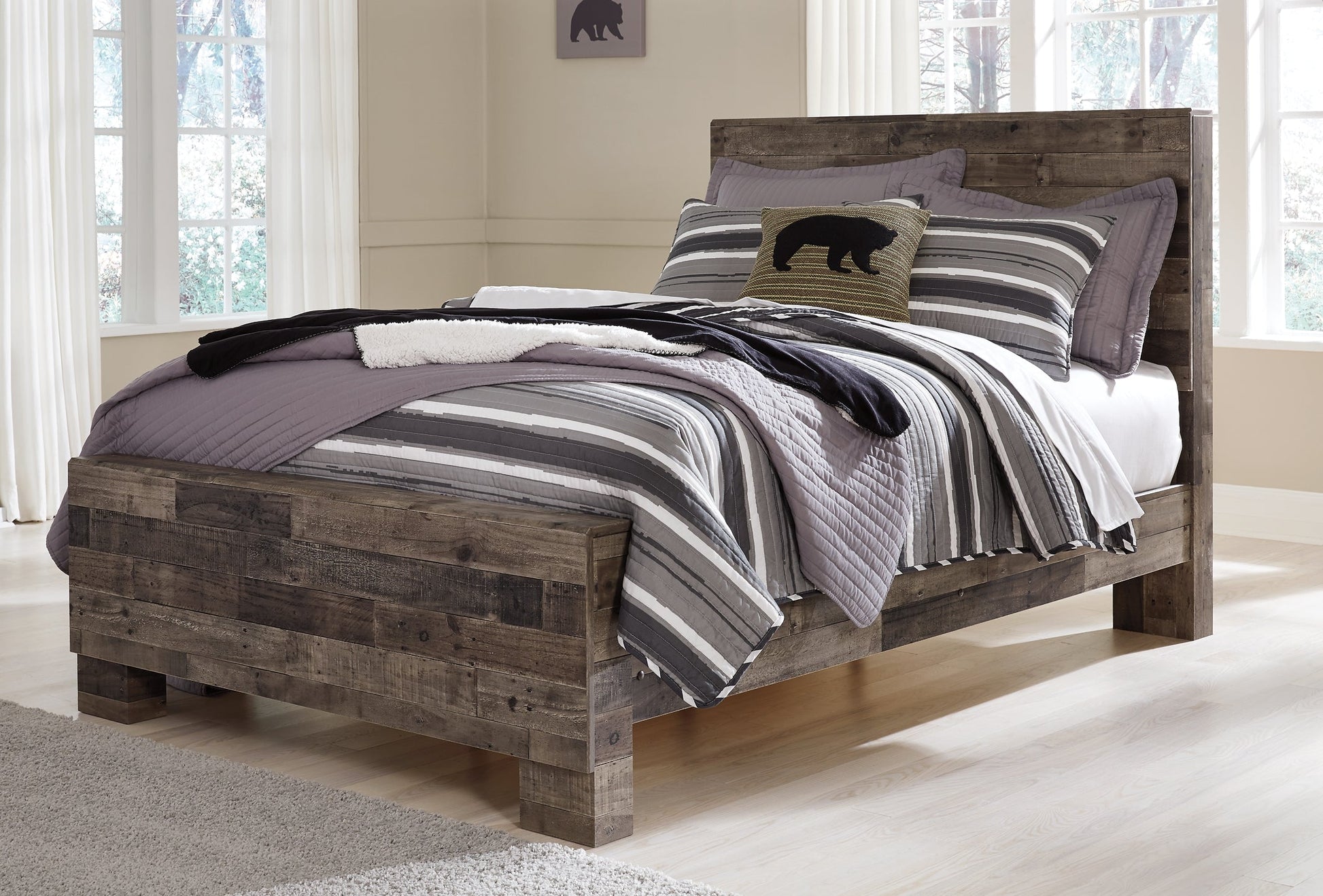 Derekson Full Panel Bed with Mirrored Dresser and Chest at Walker Mattress and Furniture Locations in Cedar Park and Belton TX.