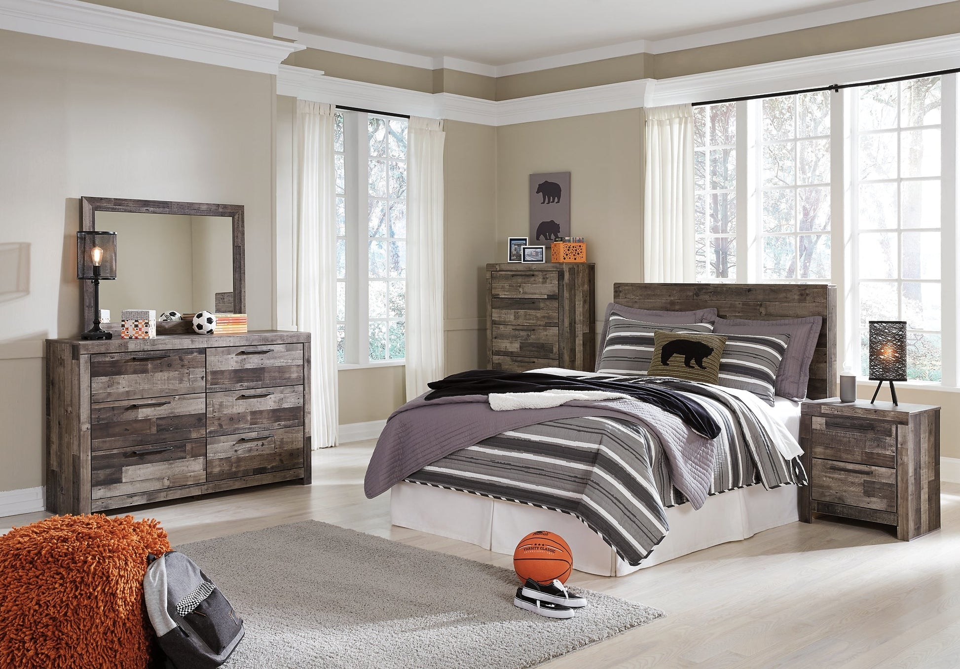Derekson Full Panel Headboard with Mirrored Dresser, Chest and Nightstand at Walker Mattress and Furniture Locations in Cedar Park and Belton TX.