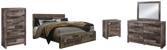 Derekson King Panel Bed with 2 Storage Drawers with Mirrored Dresser, Chest and Nightstand at Walker Mattress and Furniture Locations in Cedar Park and Belton TX.