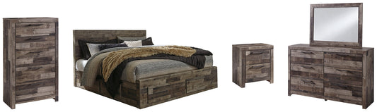 Derekson King Panel Bed with 4 Storage Drawers with Mirrored Dresser, Chest and Nightstand at Walker Mattress and Furniture Locations in Cedar Park and Belton TX.