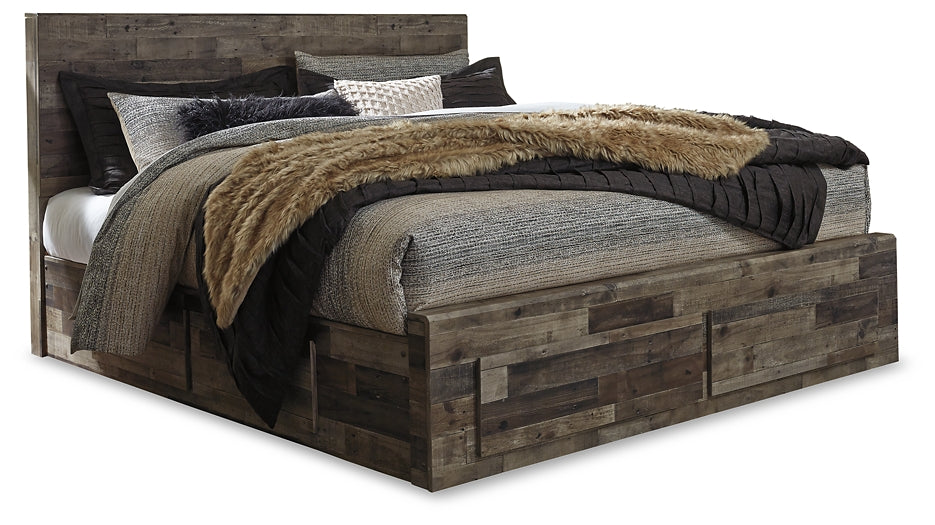 Derekson King Panel Bed with 4 Storage Drawers with Mirrored Dresser and 2 Nightstands at Walker Mattress and Furniture Locations in Cedar Park and Belton TX.