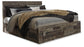 Derekson King Panel Bed with 4 Storage Drawers with Mirrored Dresser and 2 Nightstands at Walker Mattress and Furniture Locations in Cedar Park and Belton TX.