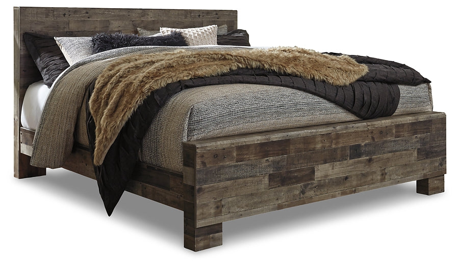 Derekson King Panel Bed with Mirrored Dresser, Chest and Nightstand at Walker Mattress and Furniture Locations in Cedar Park and Belton TX.