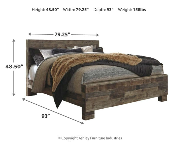 Derekson King Panel Bed with Mirrored Dresser, Chest and Nightstand at Walker Mattress and Furniture Locations in Cedar Park and Belton TX.