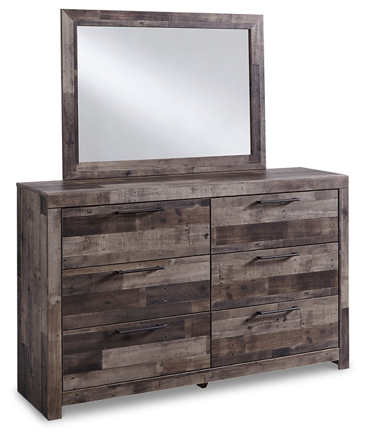 Derekson King Panel Headboard with Mirrored Dresser, Chest and Nightstand at Walker Mattress and Furniture Locations in Cedar Park and Belton TX.