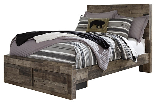 Derekson Queen Panel Bed with 2 Storage Drawers at Walker Mattress and Furniture Locations in Cedar Park and Belton TX.