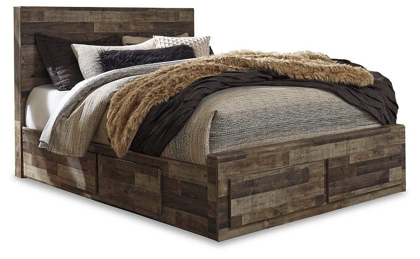 Derekson Queen Panel Bed with 4 Storage Drawers with Mirrored Dresser and 2 Nightstands at Walker Mattress and Furniture Locations in Cedar Park and Belton TX.