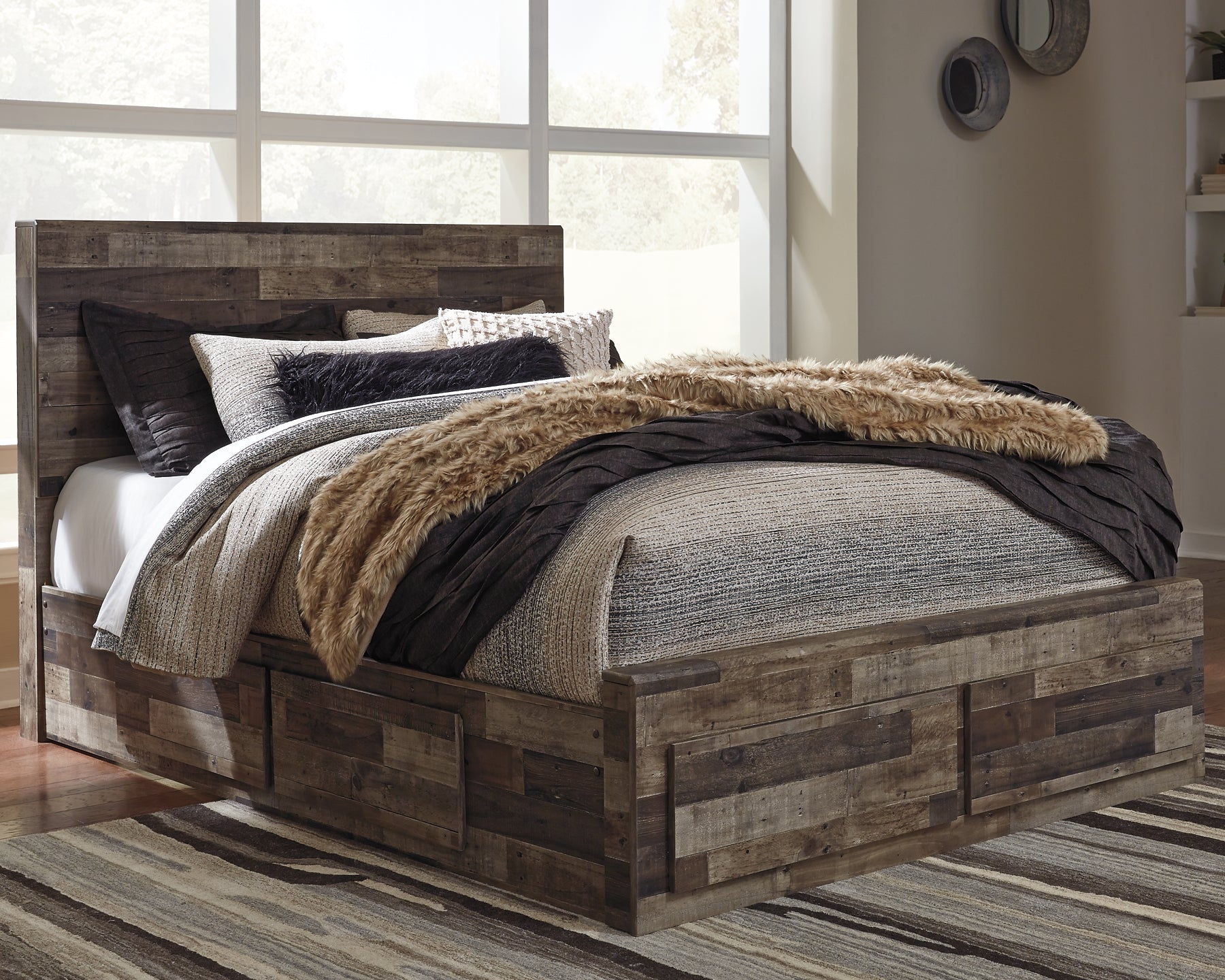 Derekson Queen Panel Bed with 4 Storage Drawers with Mirrored Dresser and 2 Nightstands at Walker Mattress and Furniture Locations in Cedar Park and Belton TX.