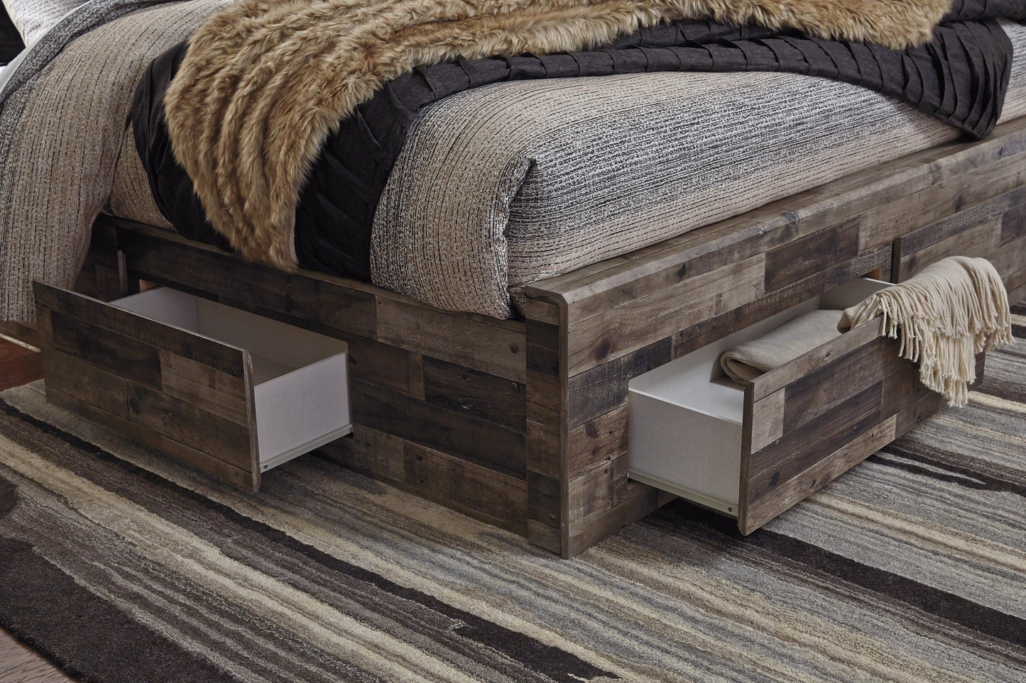 Derekson Queen Panel Bed with 6 Storage Drawers at Walker Mattress and Furniture Locations in Cedar Park and Belton TX.