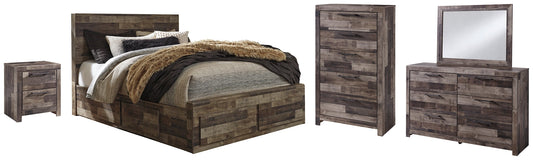 Derekson Queen Panel Bed with 6 Storage Drawers with Mirrored Dresser, Chest and Nightstand at Walker Mattress and Furniture Locations in Cedar Park and Belton TX.