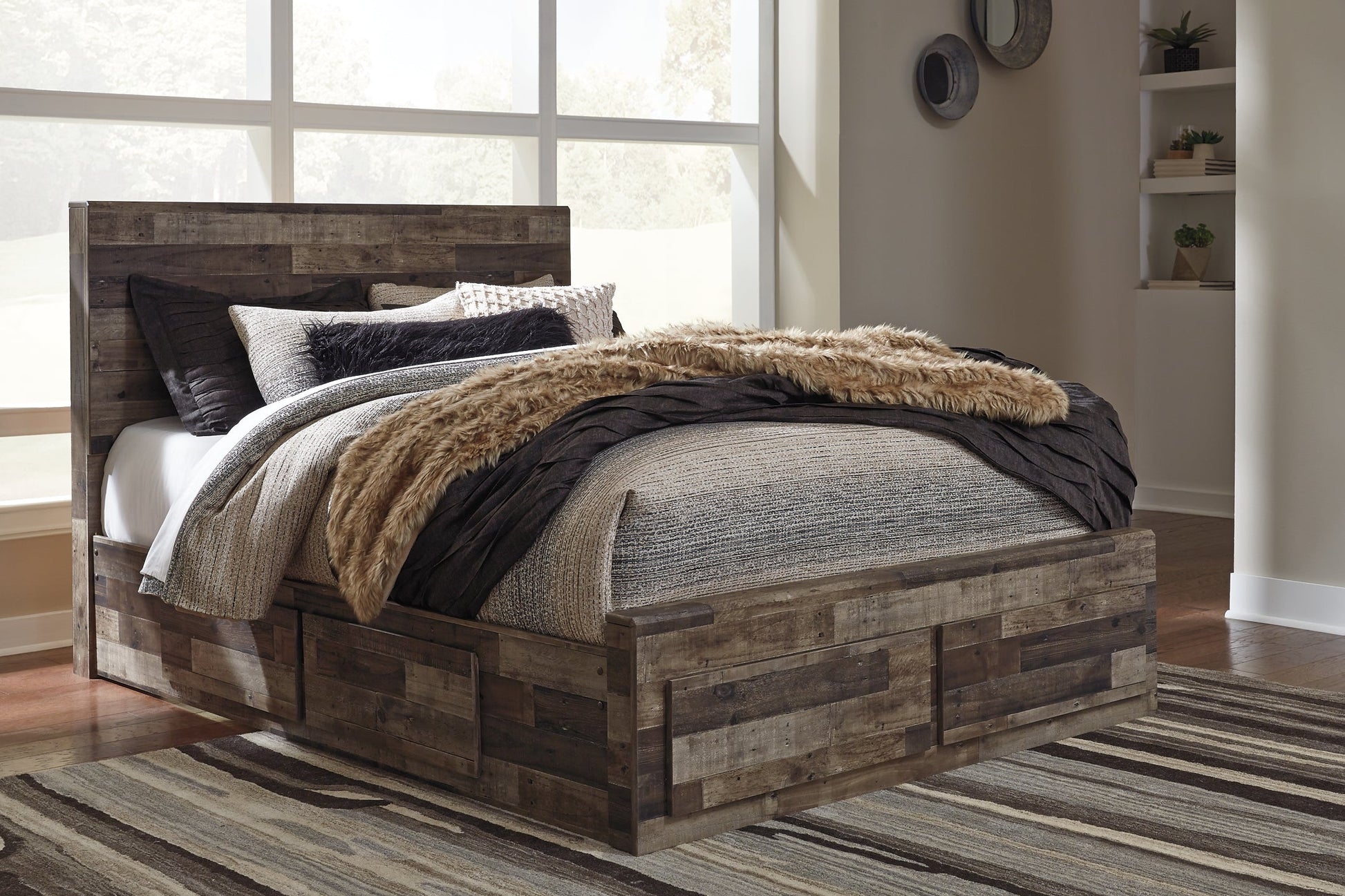 Derekson Queen Panel Bed with 6 Storage Drawers with Mirrored Dresser and Chest at Walker Mattress and Furniture Locations in Cedar Park and Belton TX.