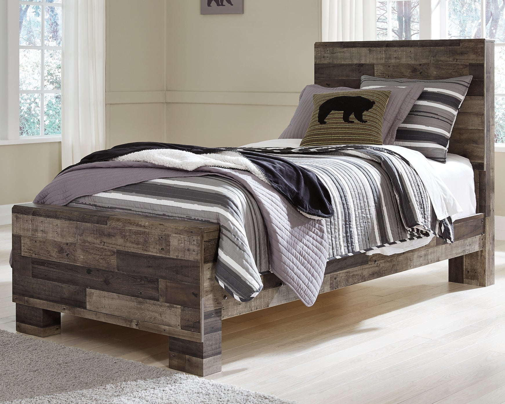 Derekson Twin Panel Bed with Mirrored Dresser and Chest at Walker Mattress and Furniture Locations in Cedar Park and Belton TX.