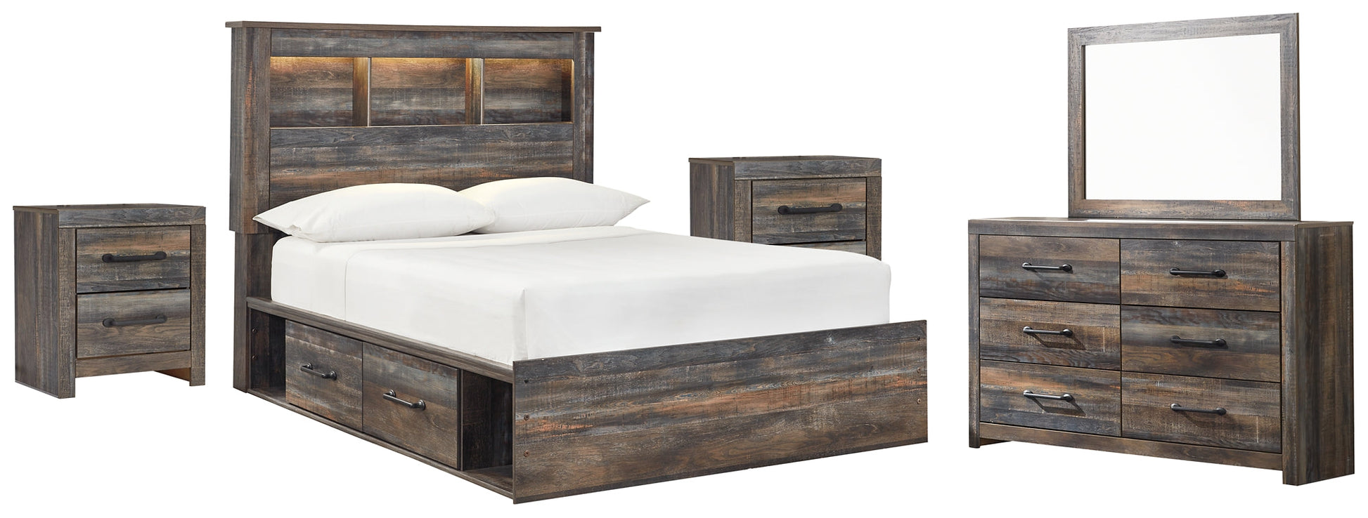 Drystan Full Bookcase Bed with 2 Storage Drawers with Mirrored Dresser and 2 Nightstands at Walker Mattress and Furniture Locations in Cedar Park and Belton TX.