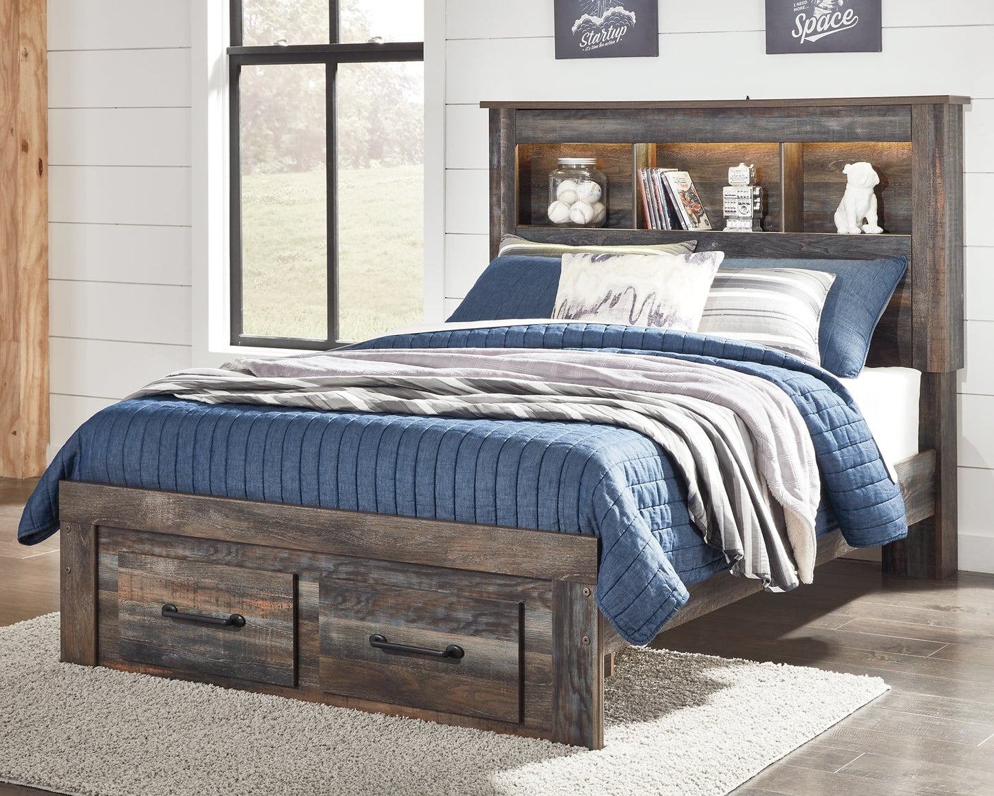 Drystan Full Bookcase Bed with 2 Storage Drawers with Mirrored Dresser and 2 Nightstands at Walker Mattress and Furniture Locations in Cedar Park and Belton TX.