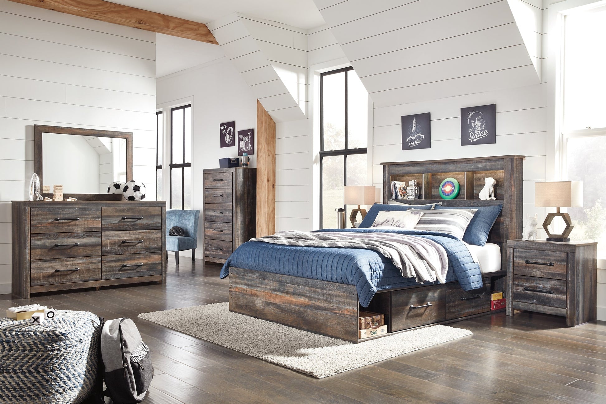 Drystan Full Bookcase Bed with 2 Storage Drawers with Mirrored Dresser and 2 Nightstands at Walker Mattress and Furniture Locations in Cedar Park and Belton TX.