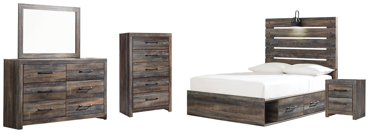 Drystan Full Panel Bed with 4 Storage Drawers with Mirrored Dresser, Chest and Nightstand at Walker Mattress and Furniture Locations in Cedar Park and Belton TX.