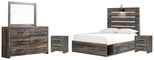 Drystan Full Panel Bed with 4 Storage Drawers with Mirrored Dresser and 2 Nightstands at Walker Mattress and Furniture Locations in Cedar Park and Belton TX.