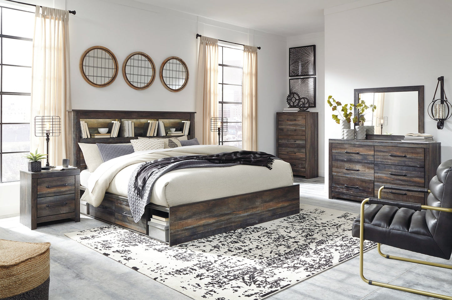 Drystan King Bookcase Bed with 2 Storage Drawers with Mirrored Dresser, Chest and 2 Nightstands at Walker Mattress and Furniture Locations in Cedar Park and Belton TX.