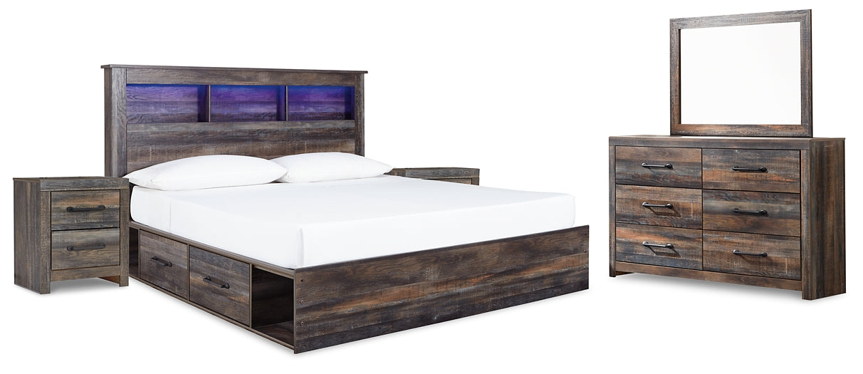 Drystan King Bookcase Bed with 4 Storage Drawers with Mirrored Dresser and 2 Nightstands at Walker Mattress and Furniture Locations in Cedar Park and Belton TX.