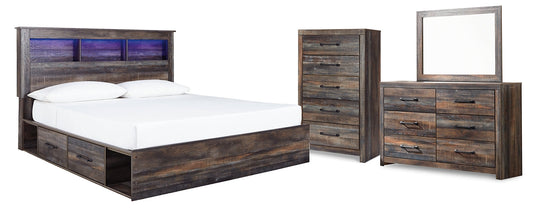 Drystan King Bookcase Bed with 4 Storage Drawers with Mirrored Dresser and Chest at Walker Mattress and Furniture Locations in Cedar Park and Belton TX.