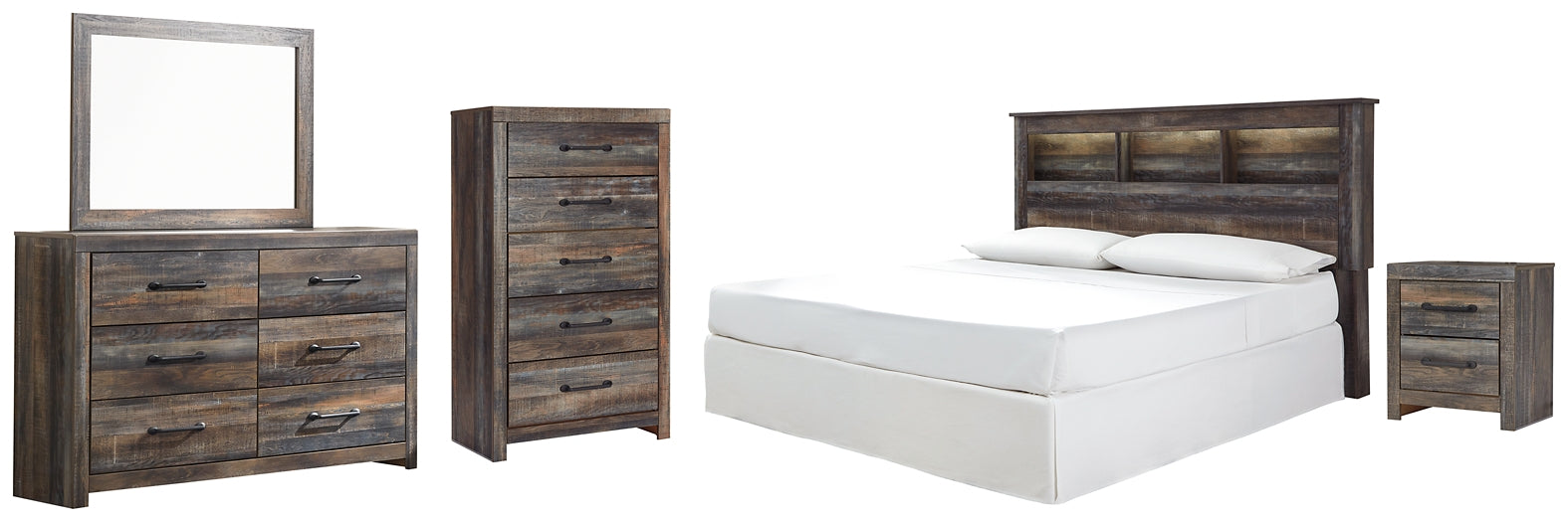 Drystan King/California King Bookcase Headboard with Mirrored Dresser, Chest and Nightstand at Walker Mattress and Furniture Locations in Cedar Park and Belton TX.