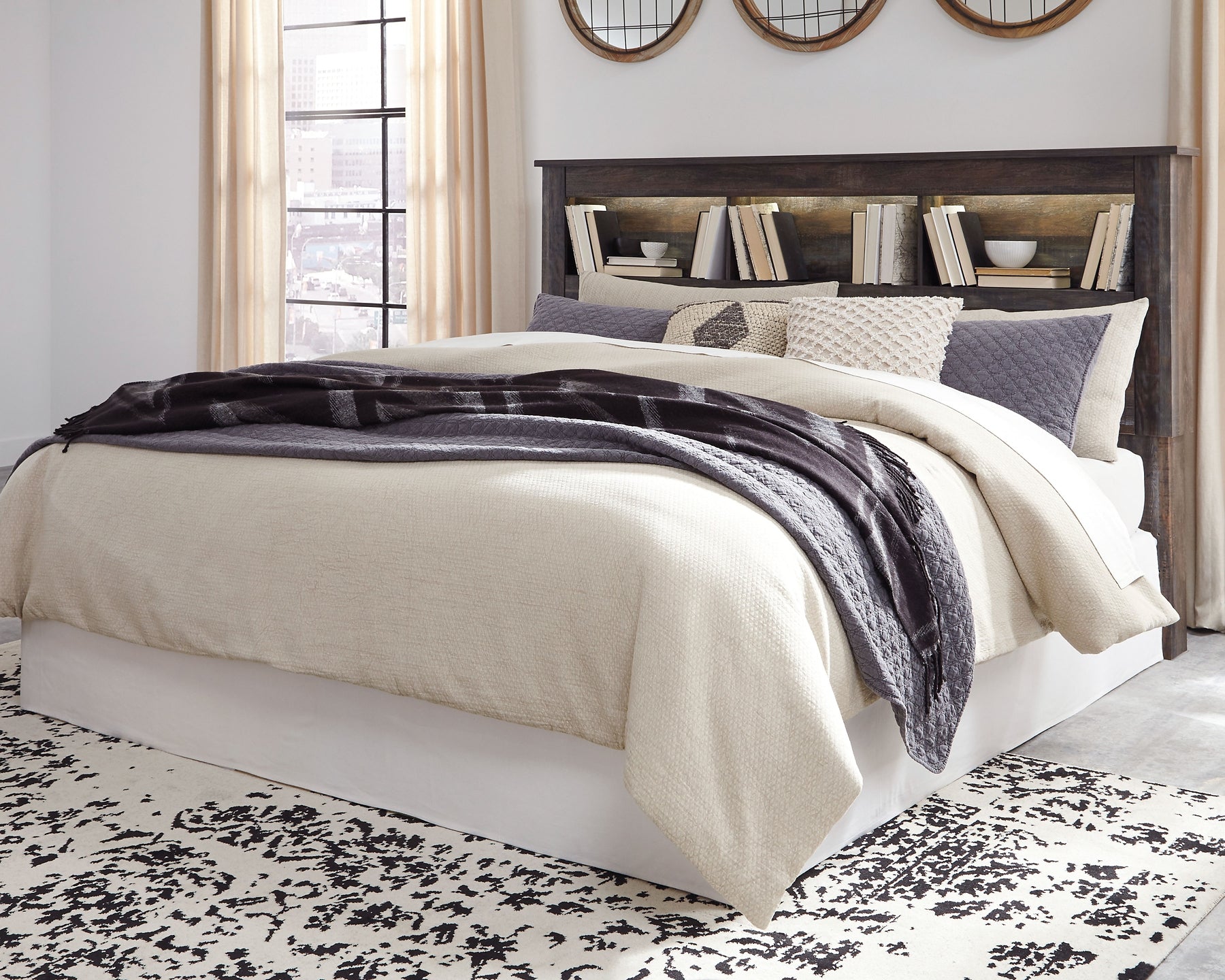 Drystan King/California King Bookcase Headboard with Mirrored Dresser and Chest at Walker Mattress and Furniture Locations in Cedar Park and Belton TX.
