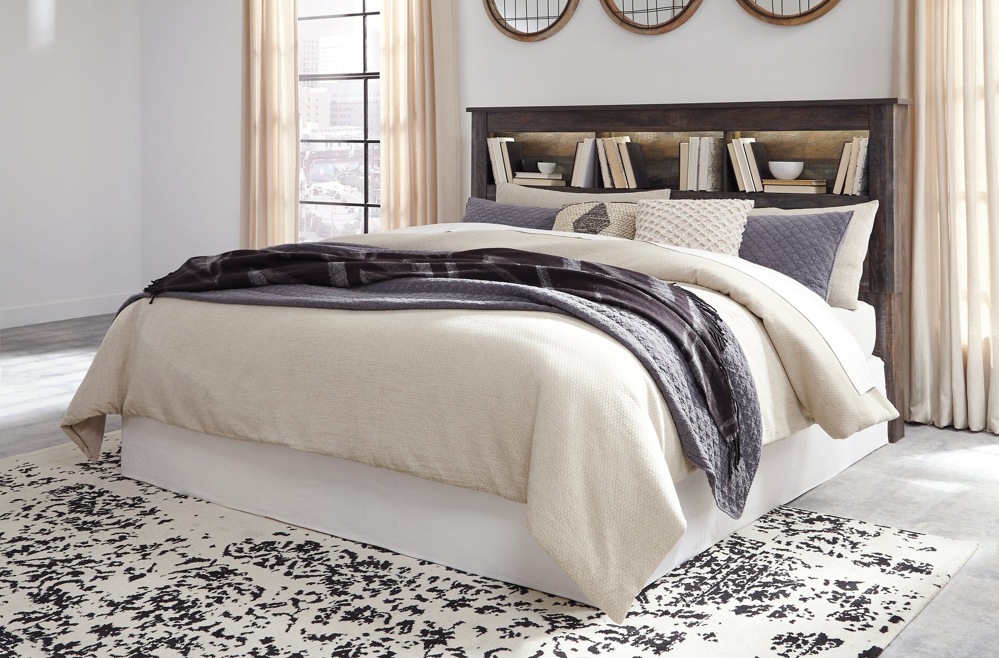 Drystan King/California King Bookcase Headboard with Mirrored Dresser at Walker Mattress and Furniture Locations in Cedar Park and Belton TX.
