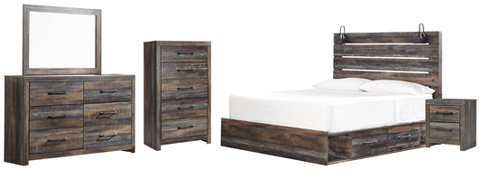 Drystan King Panel Bed with 2 Storage Drawers with Mirrored Dresser, Chest and Nightstand at Walker Mattress and Furniture Locations in Cedar Park and Belton TX.